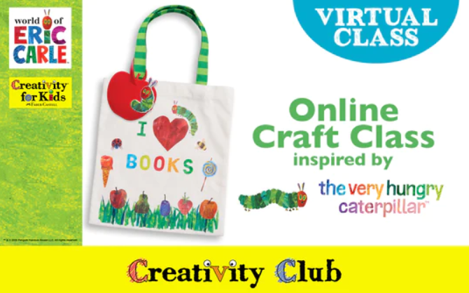 Creativity Club virtual class. Online craft class inspired by the very hungry caterpillar